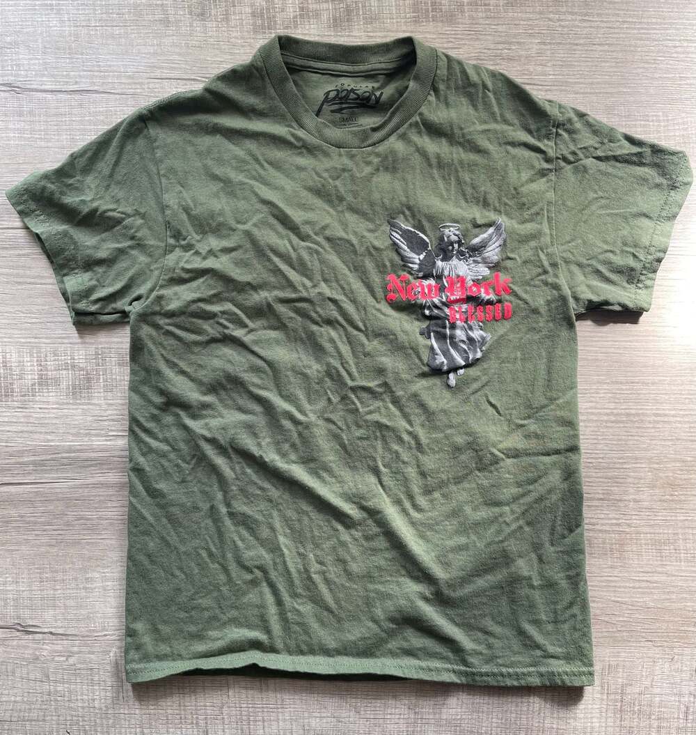 Popular Poison New York Blessed Olive Green Graphic T-Shirt Small